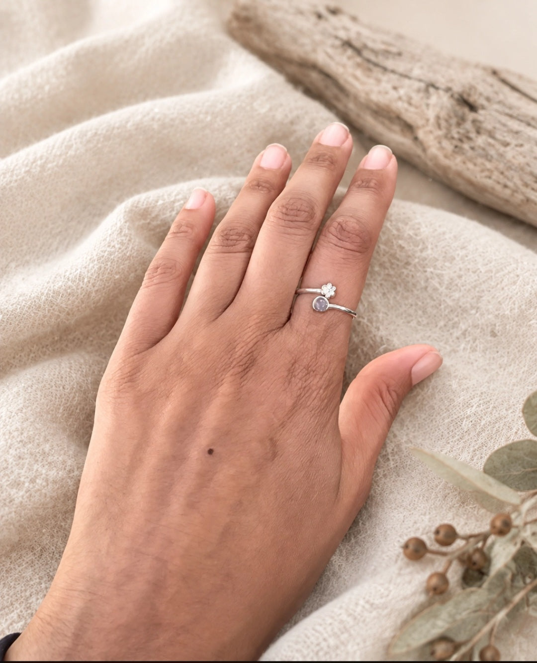 White Opal Ring With Flower Detail