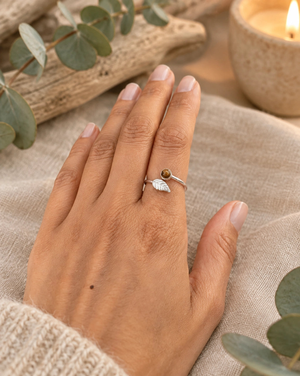 Tiger's Eye Ring With Leaf Detail