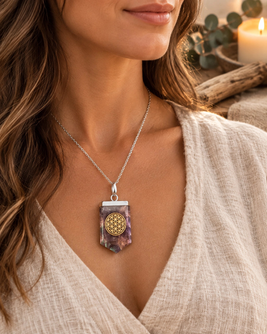 Amethyst Carved Pendant With Flower of Life