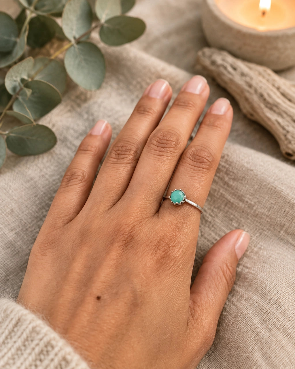 Green Chalcedony Ring With Crown Setting