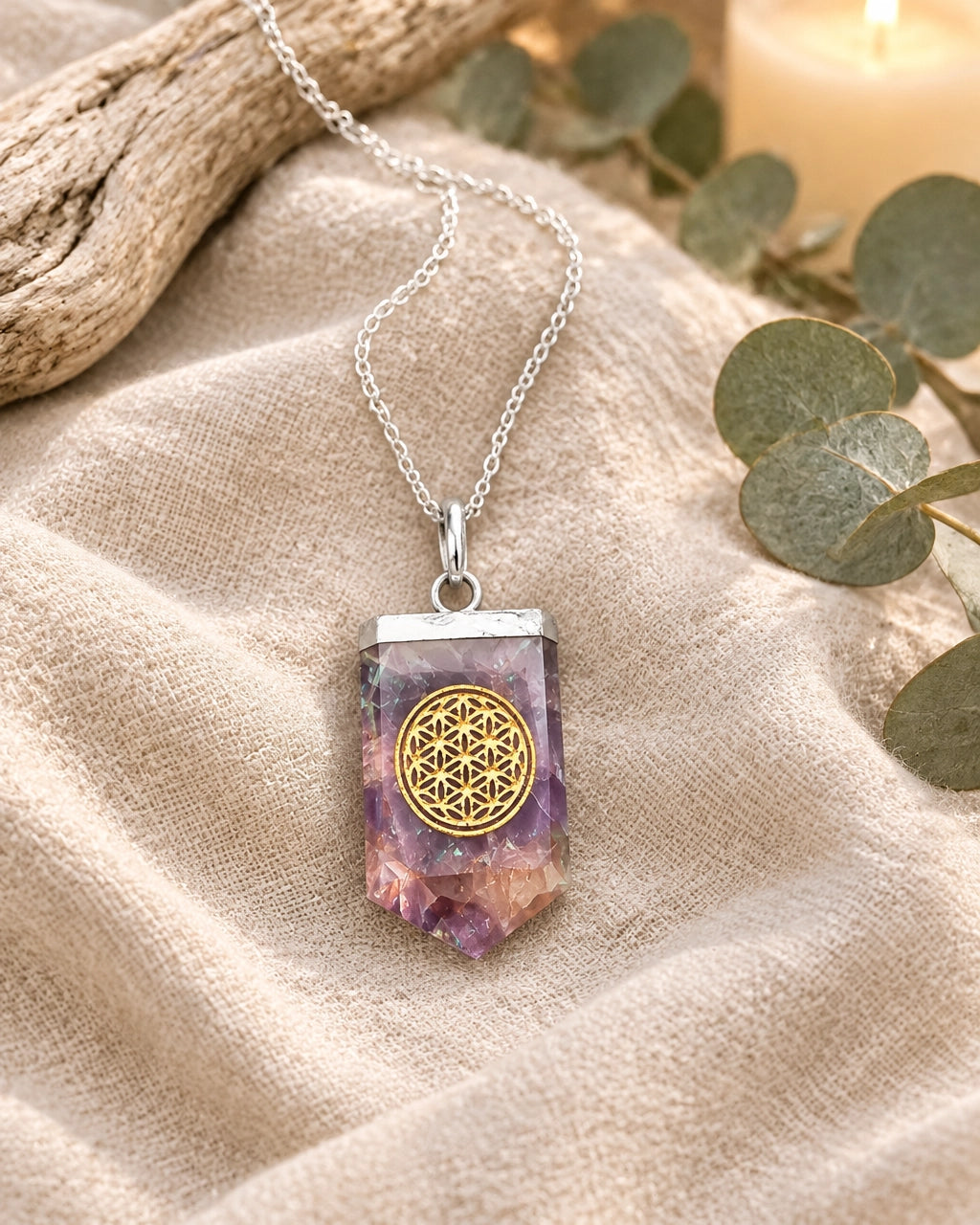 Amethyst Carved Pendant With Flower of Life