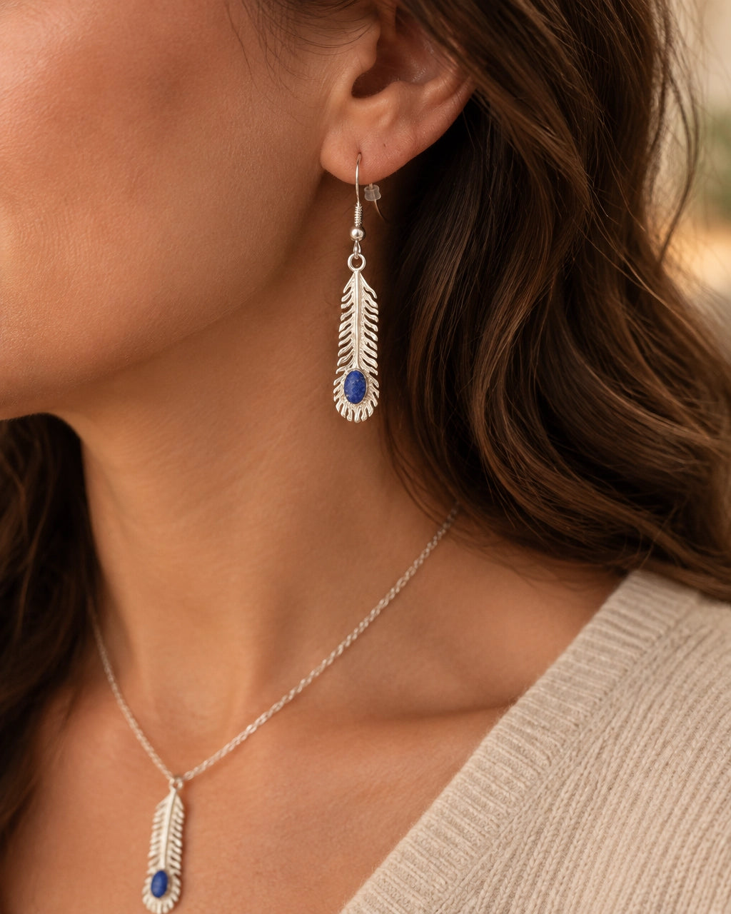 Lapis Lazuli Feather Necklace and Earrings