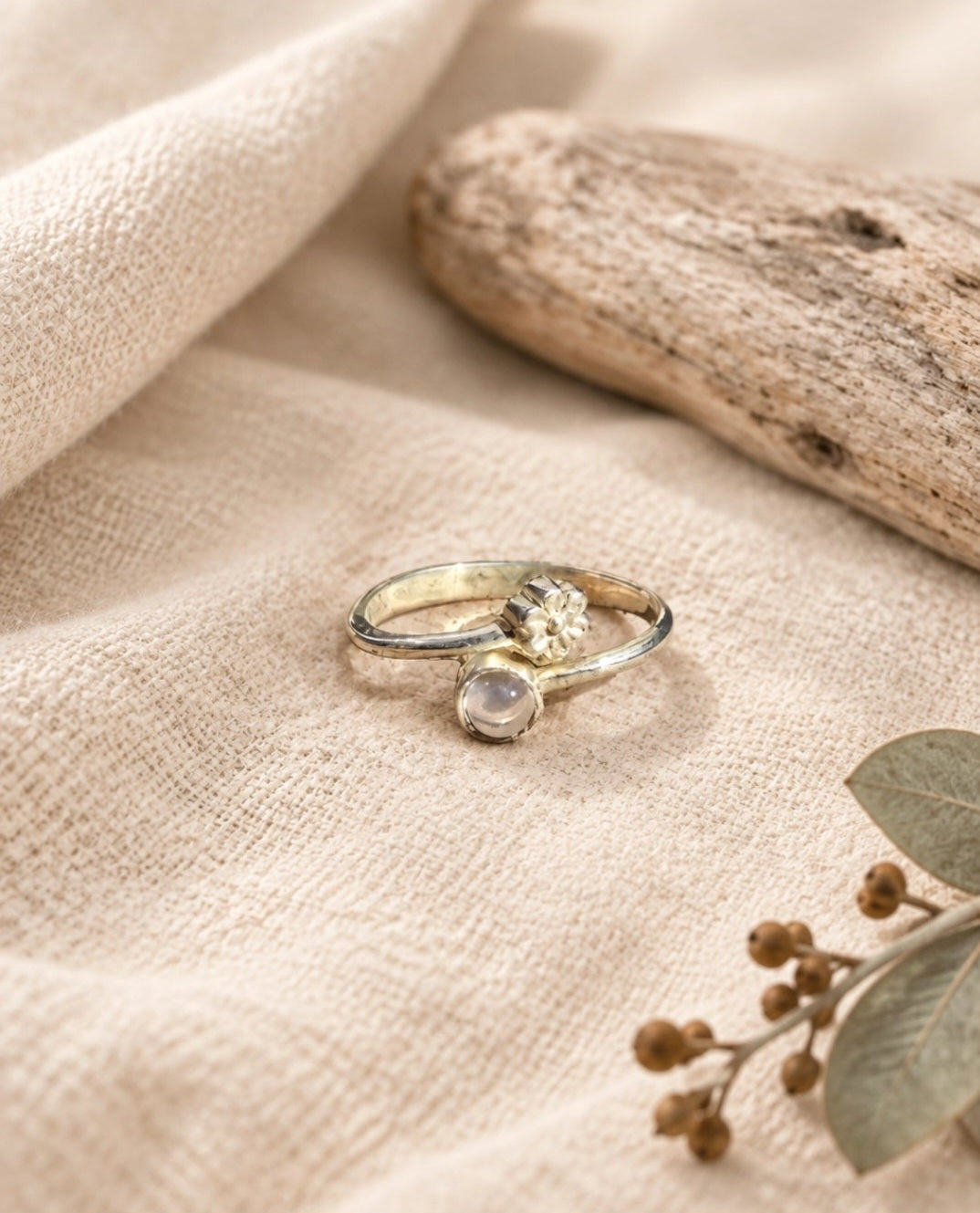 White Opal Ring With Flower Detail