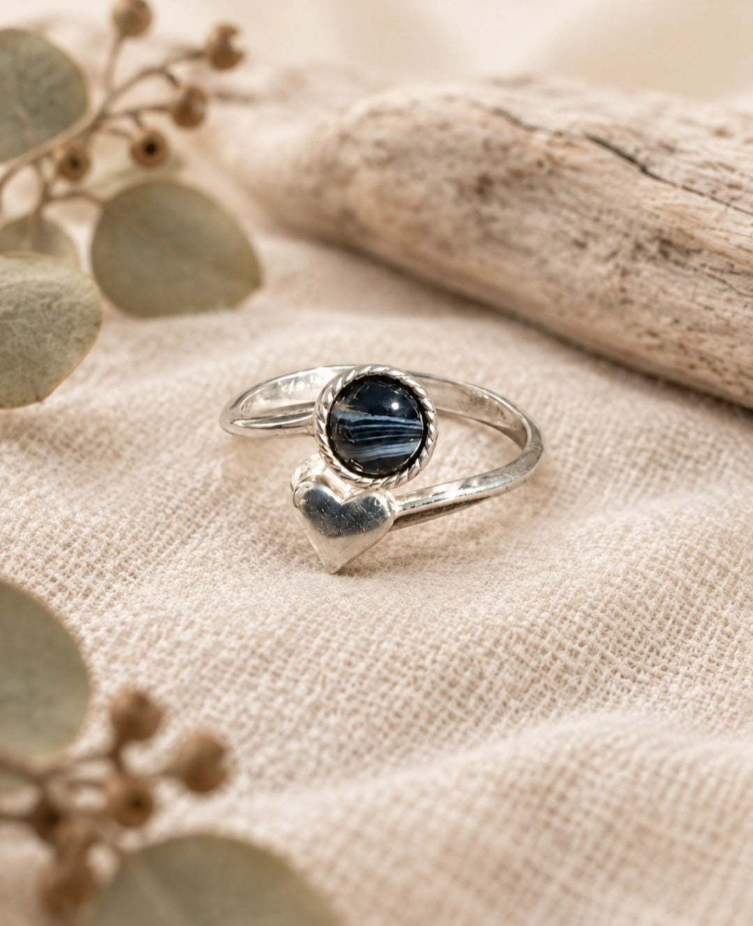 Banded Onyx Ring With Heart Detail