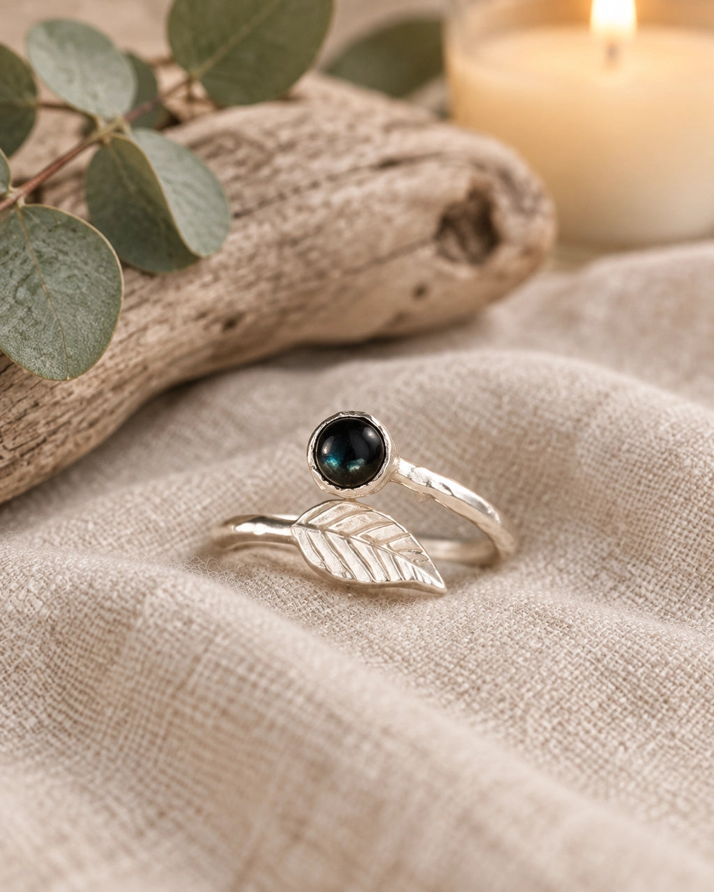 Black Onyx Ring With Leaf Detail