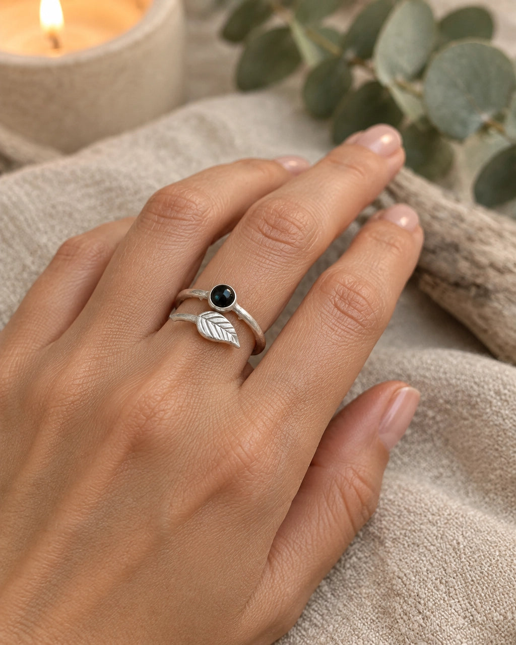 Black Onyx Ring With Leaf Detail